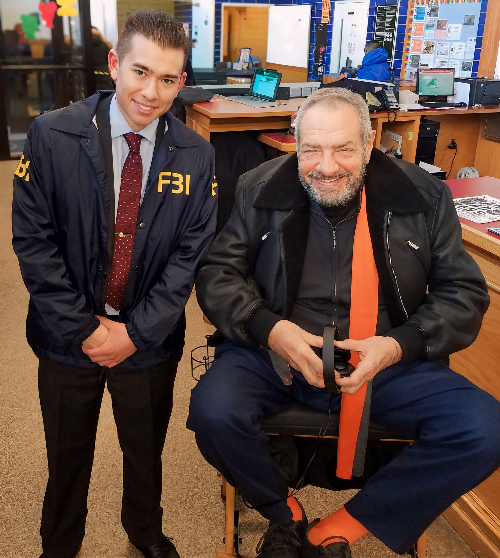 Derek Hedlund with Dick Wolf on the set of FBI